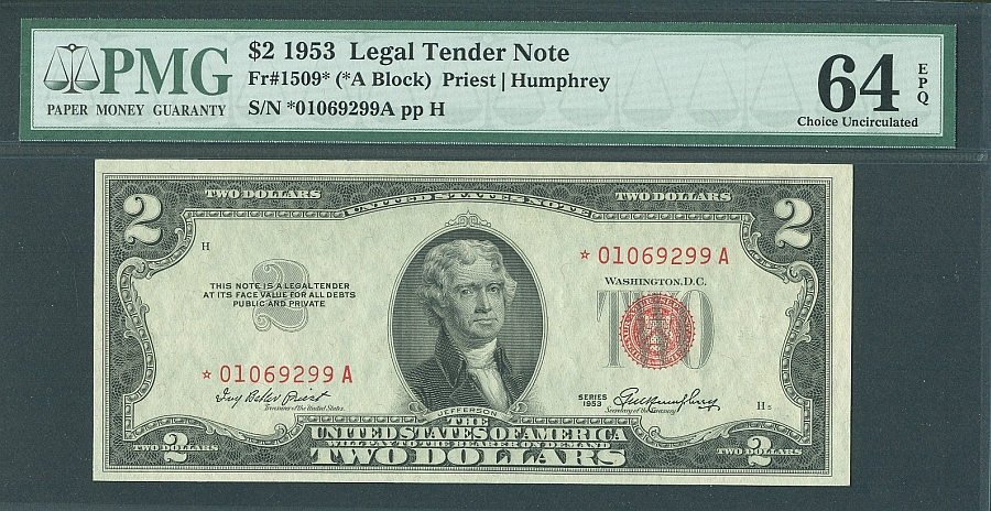 Fr.1509* (A Block) 1953A $2 Star Note,  vChCU, PMG64-EPQ